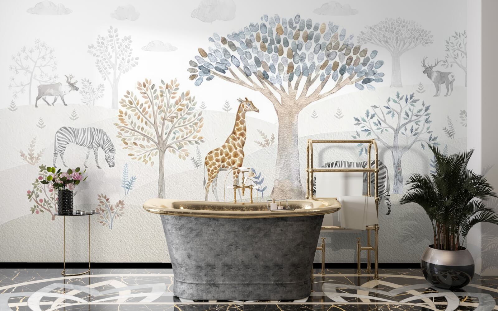 Фотошпалери у лісі живуть жирафи, зебри та олені