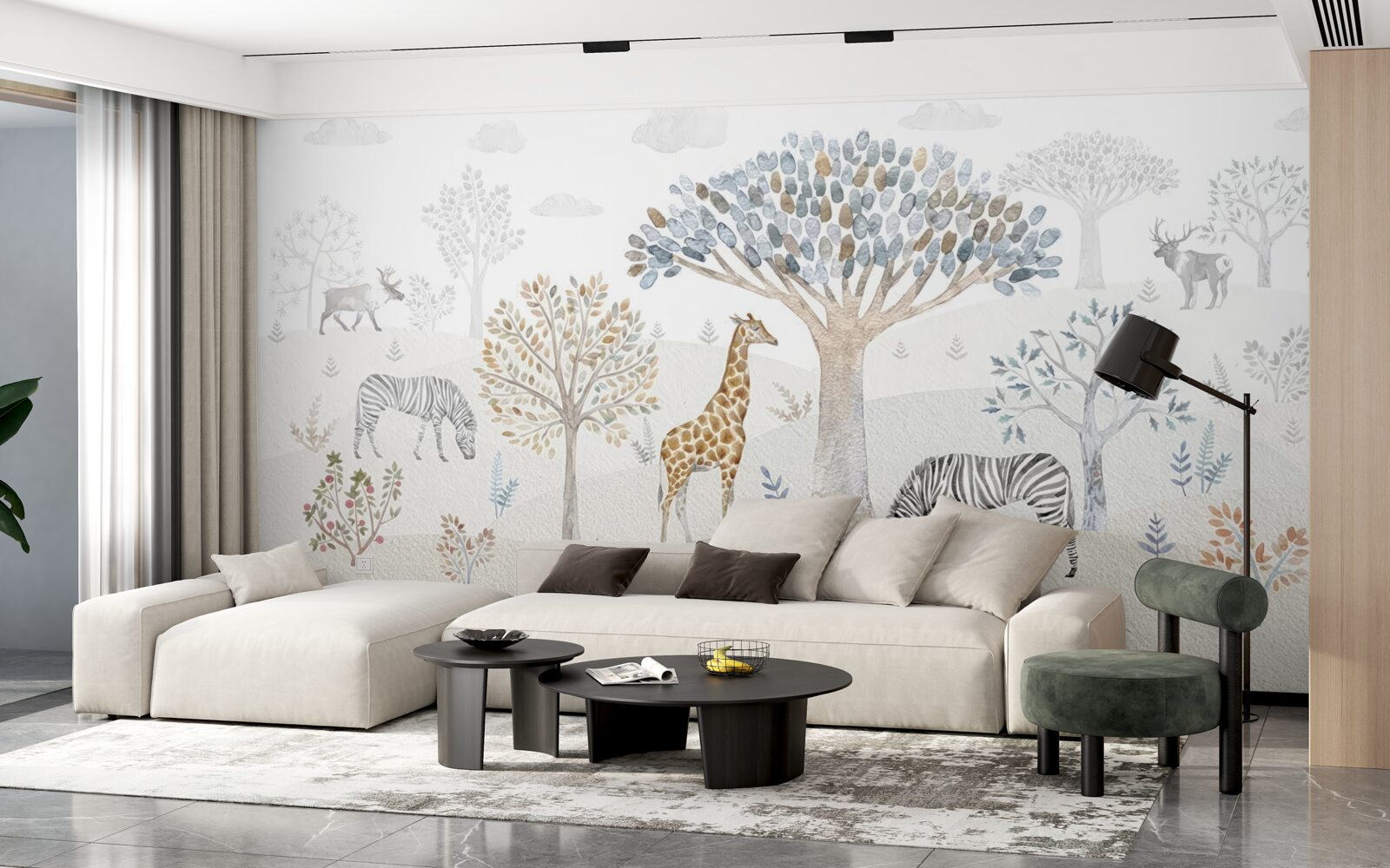 Фотошпалери у лісі живуть жирафи, зебри та олені