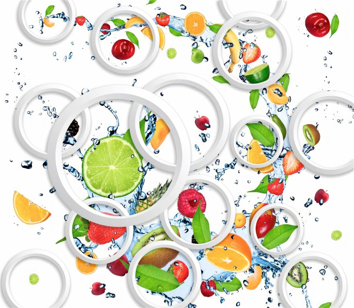 Фотошпалери білі кружечки та нарізані фрукти