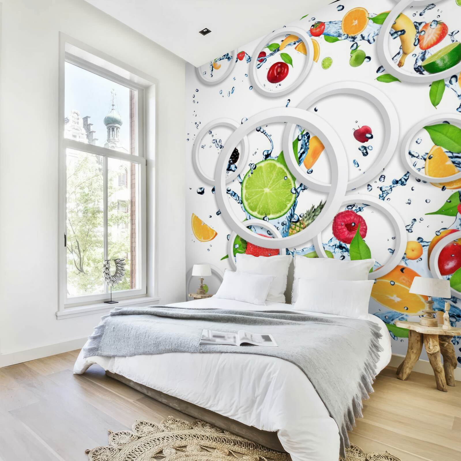 Фотошпалери білі кружечки та нарізані фрукти