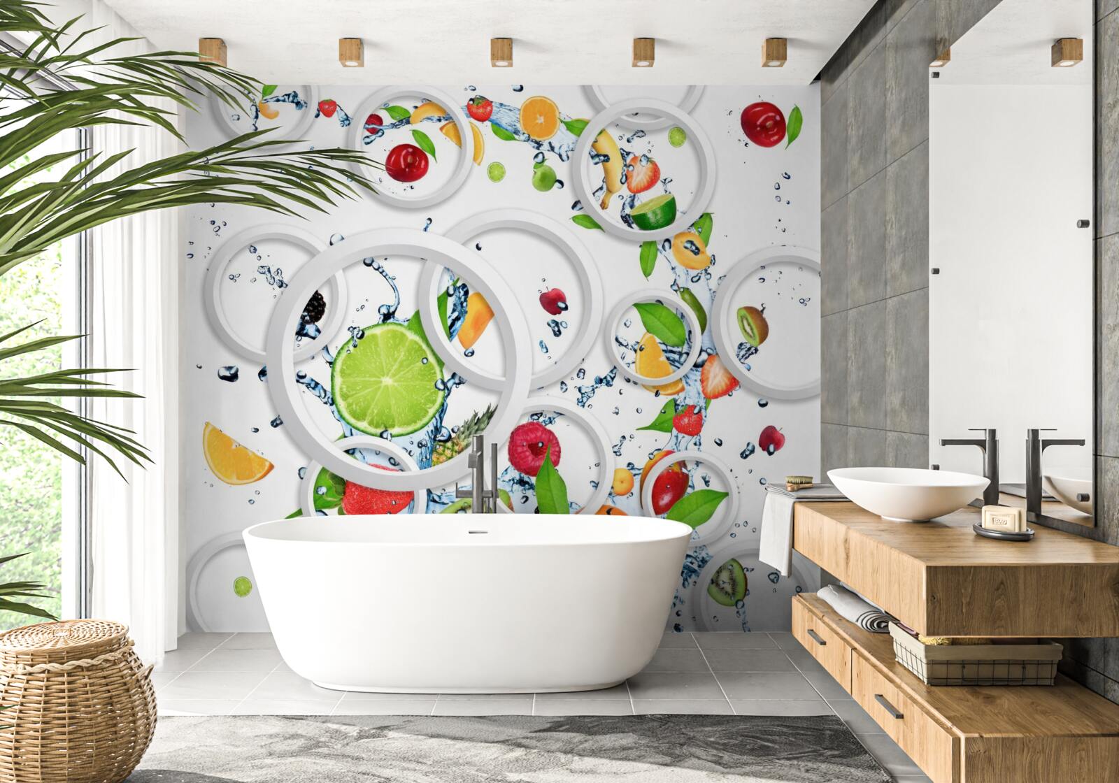 Фотошпалери білі кружечки та нарізані фрукти