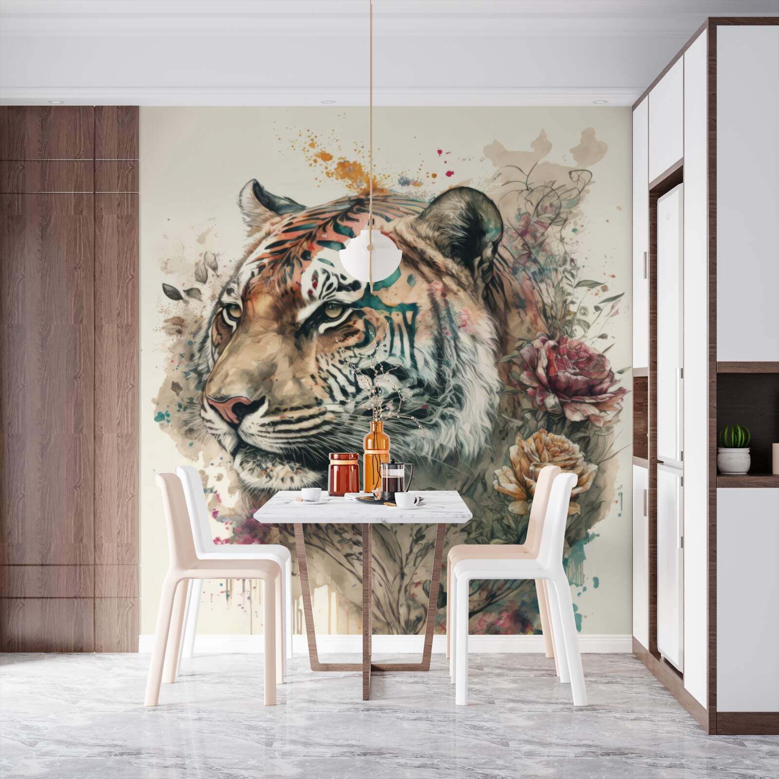 Фотошпалери тигр серед квітів