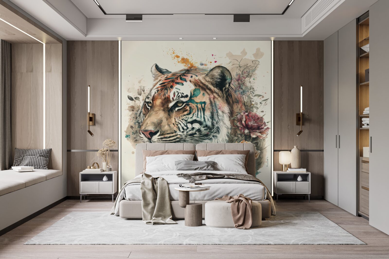 Фотошпалери тигр серед квітів