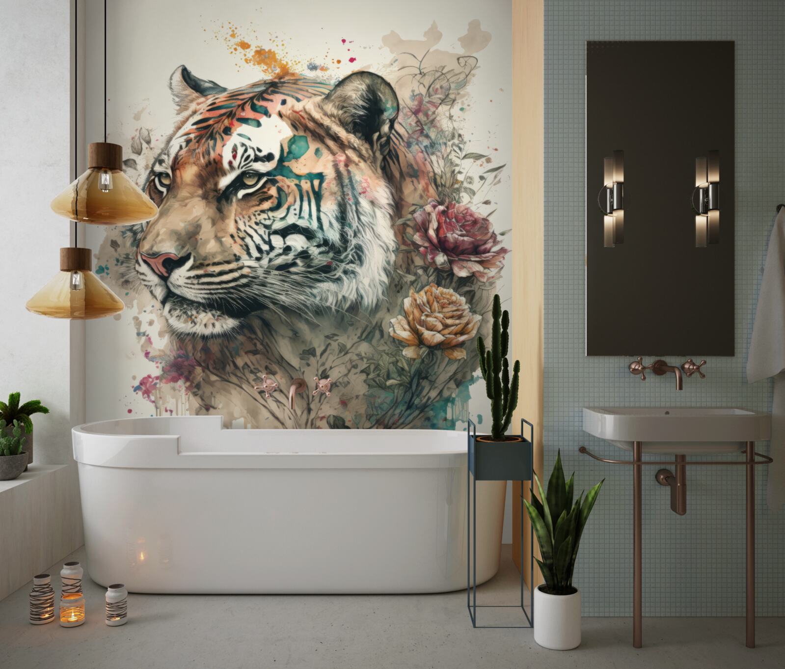 Фотошпалери тигр серед квітів