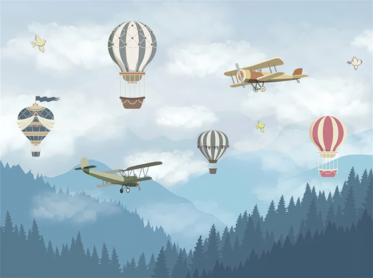 Фотошпалери повітряні кулі та літаки пролітають над гірськими вершинами