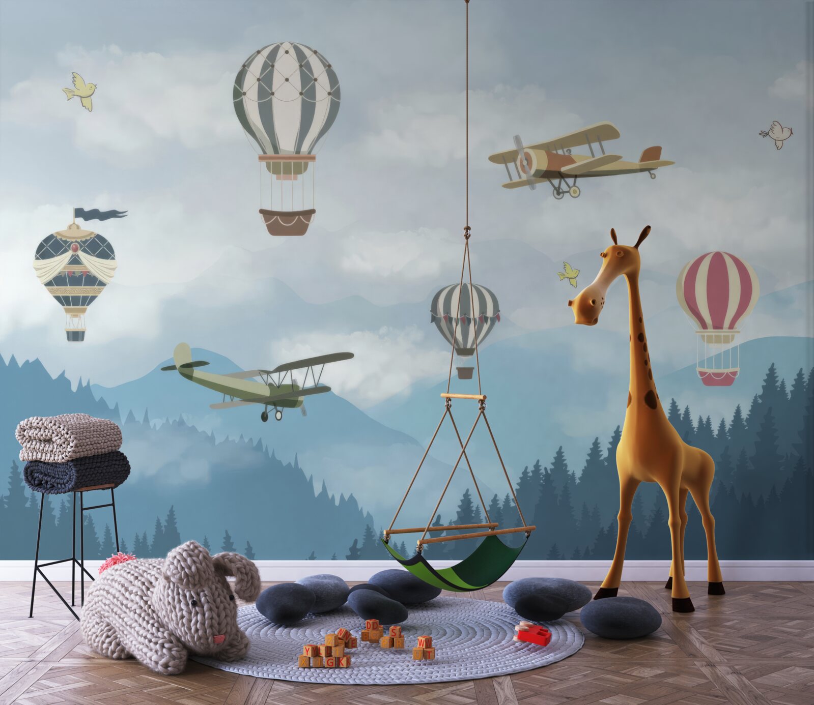 Фотошпалери повітряні кулі та літаки пролітають над гірськими вершинами