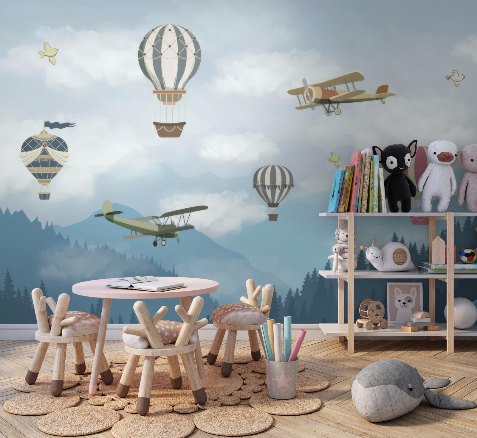 Фотошпалери повітряні кулі та літаки пролітають над гірськими вершинами