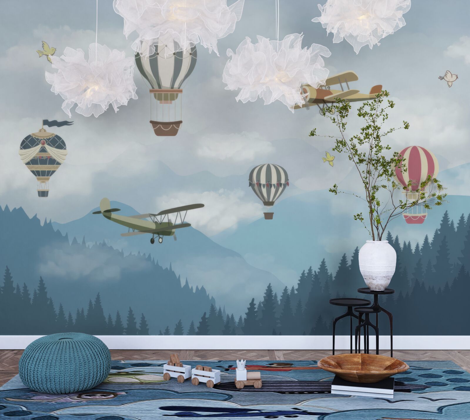 Фотошпалери повітряні кулі та літаки пролітають над гірськими вершинами