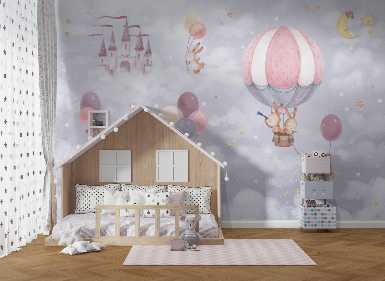 Фотошпалери кролики літають на повітряних кульках