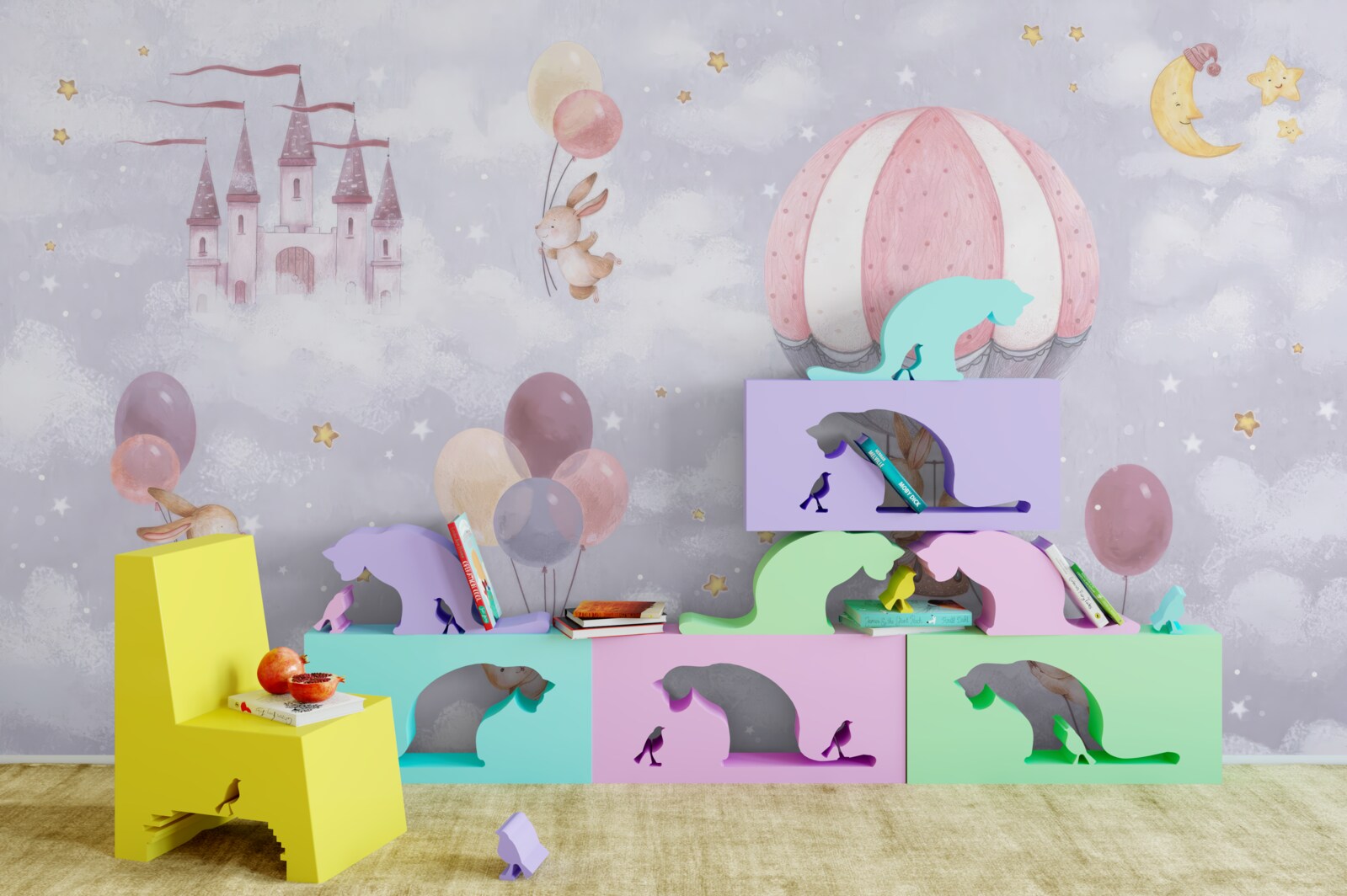 Фотошпалери кролики літають на повітряних кульках