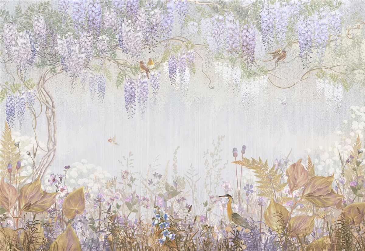 Фотошпалери дерево з птахами та фіолетовими квітами