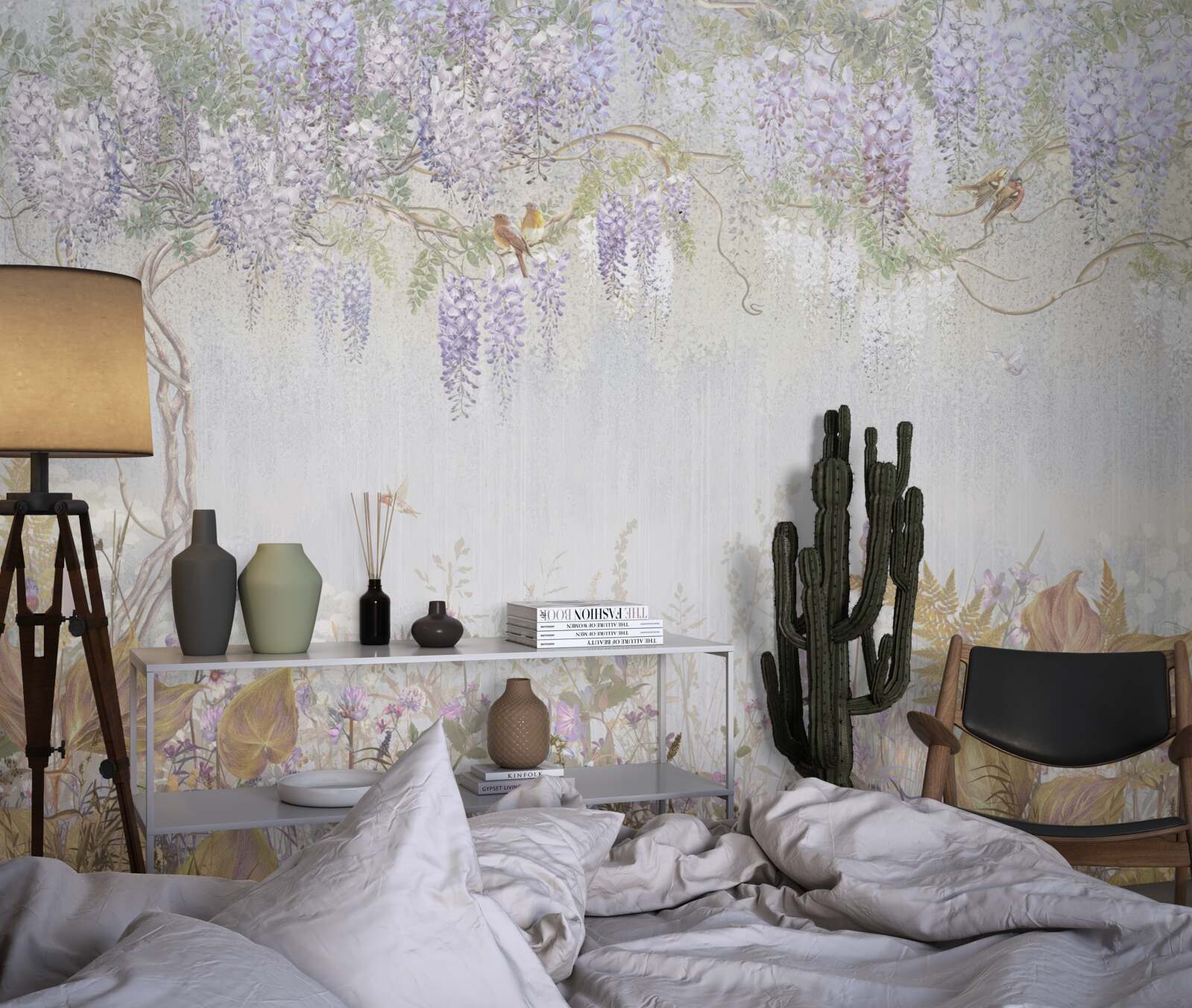 Фотошпалери дерево з птахами та фіолетовими квітами