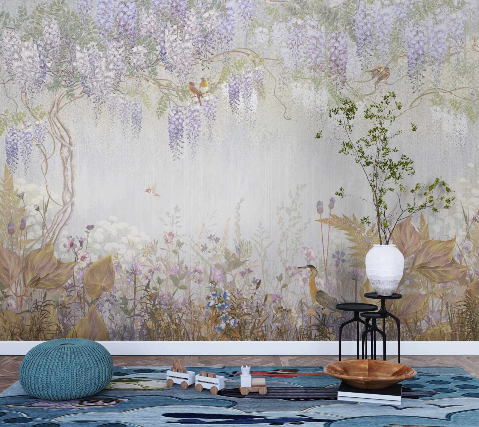 Фотошпалери дерево з птахами та фіолетовими квітами