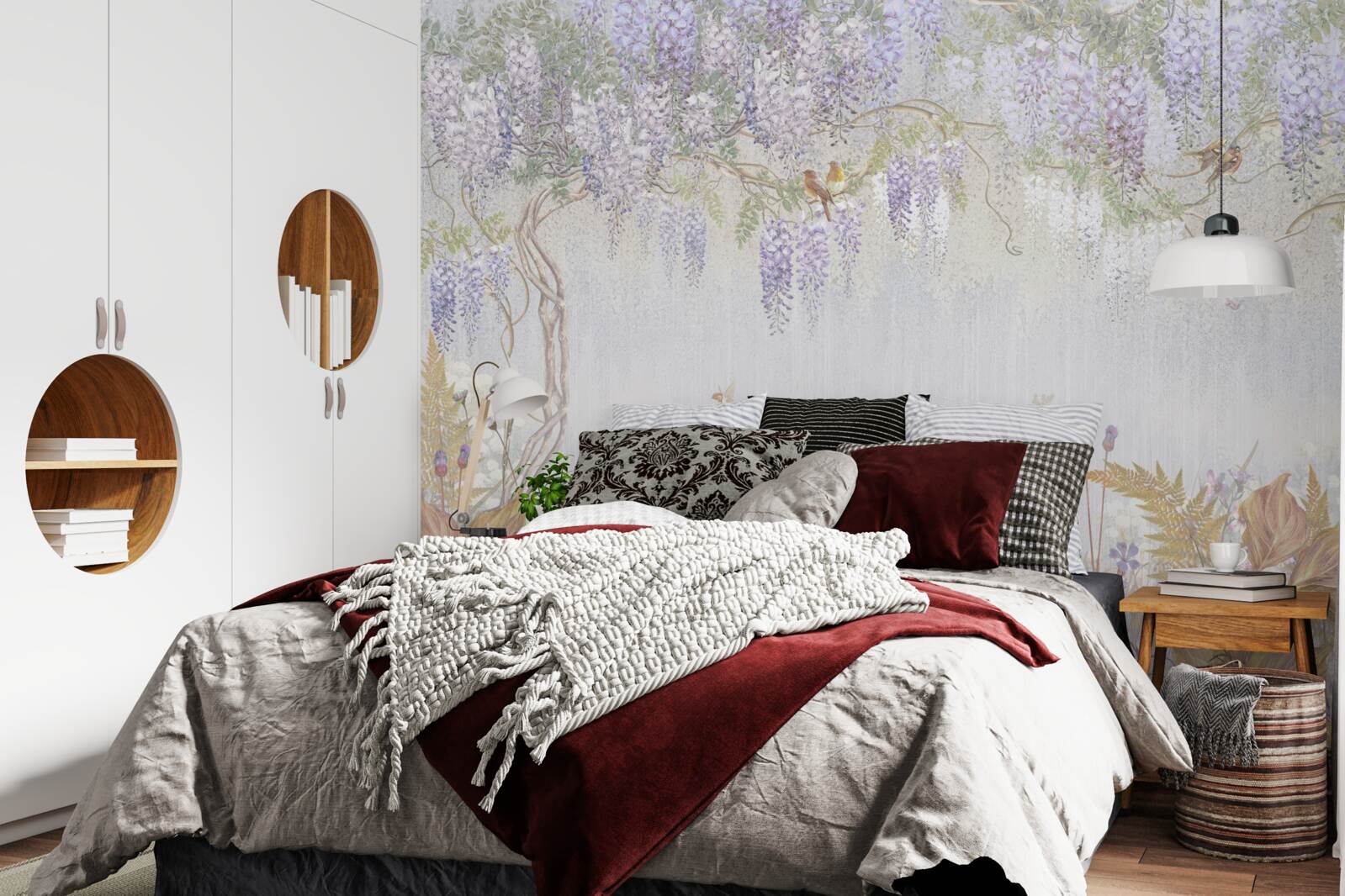 Фотошпалери дерево з птахами та фіолетовими квітами