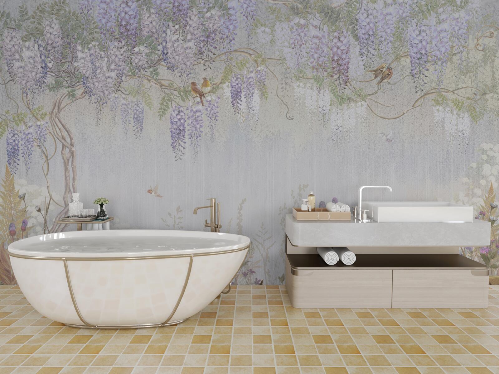 Фотошпалери дерево з птахами та фіолетовими квітами