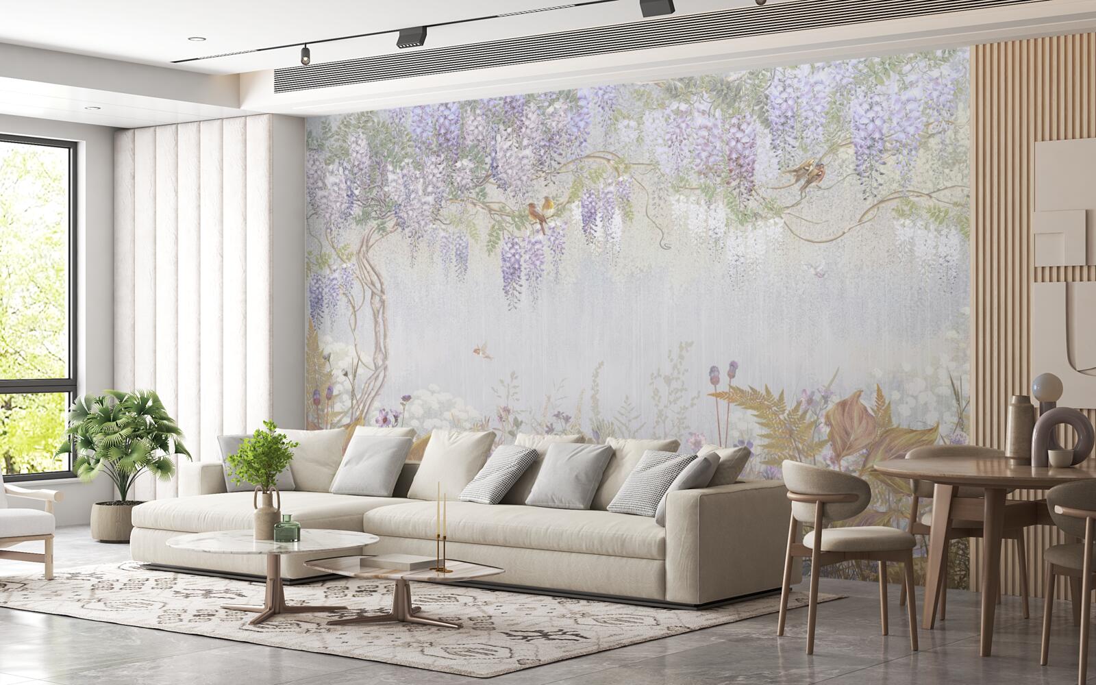 Фотошпалери дерево з птахами та фіолетовими квітами