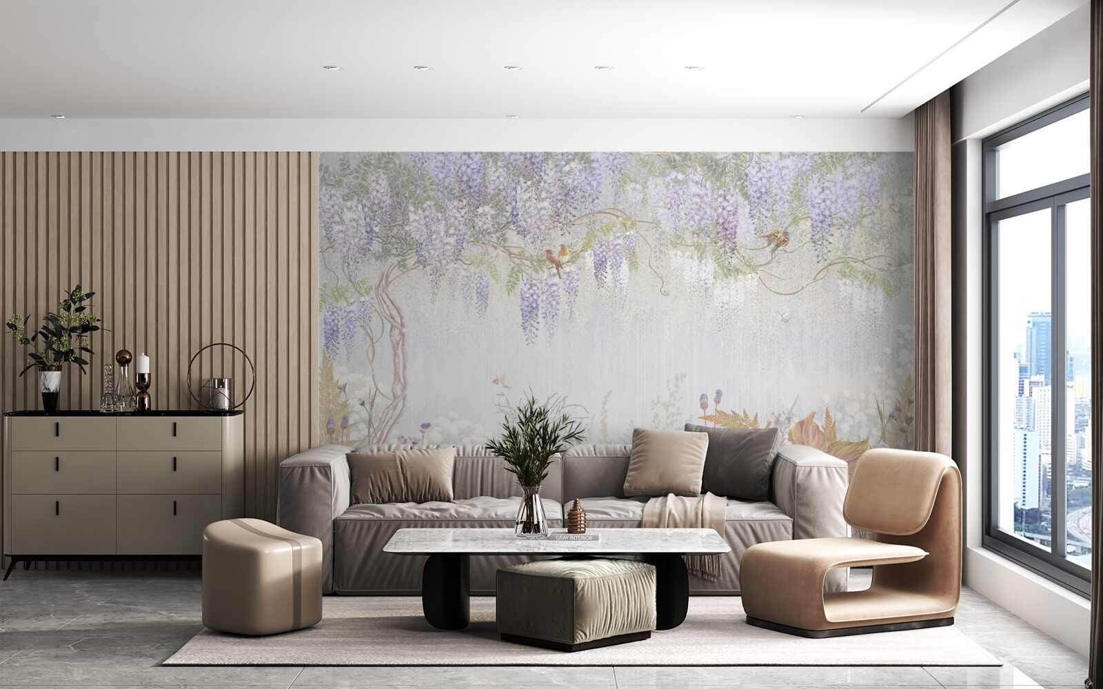 Фотошпалери дерево з птахами та фіолетовими квітами