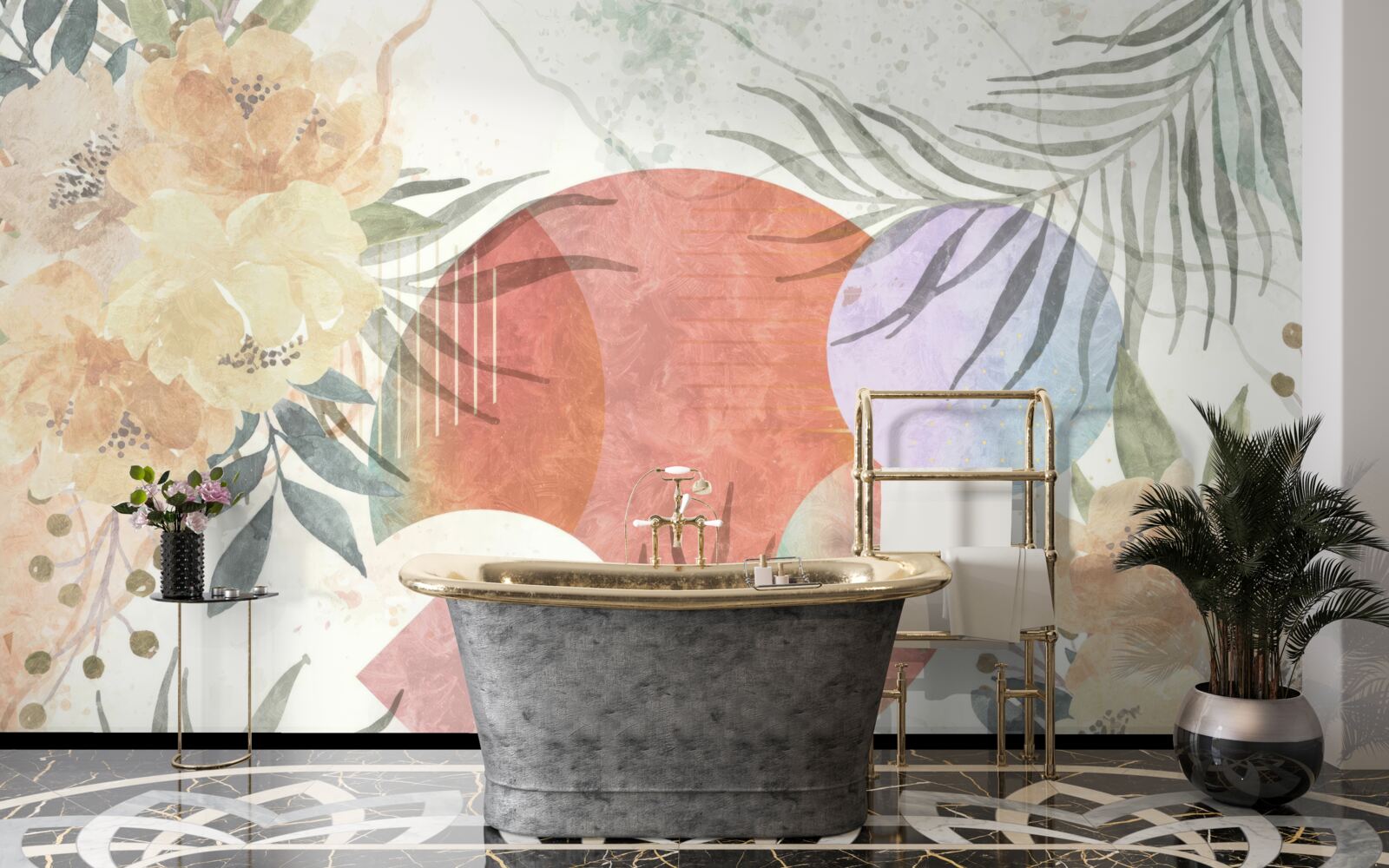 Фотошпалери фон з рослинністю, квітами та геометричними фігурами