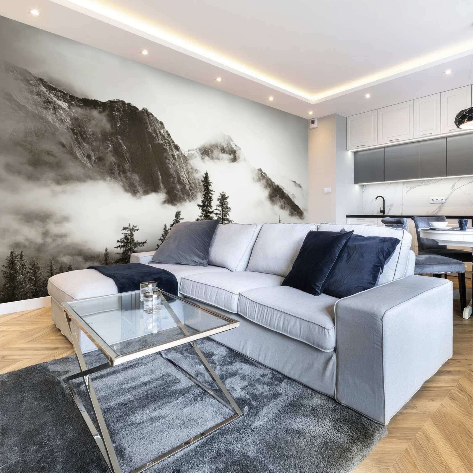 Фотошпалери чорно-білі гори, оповиті туманом