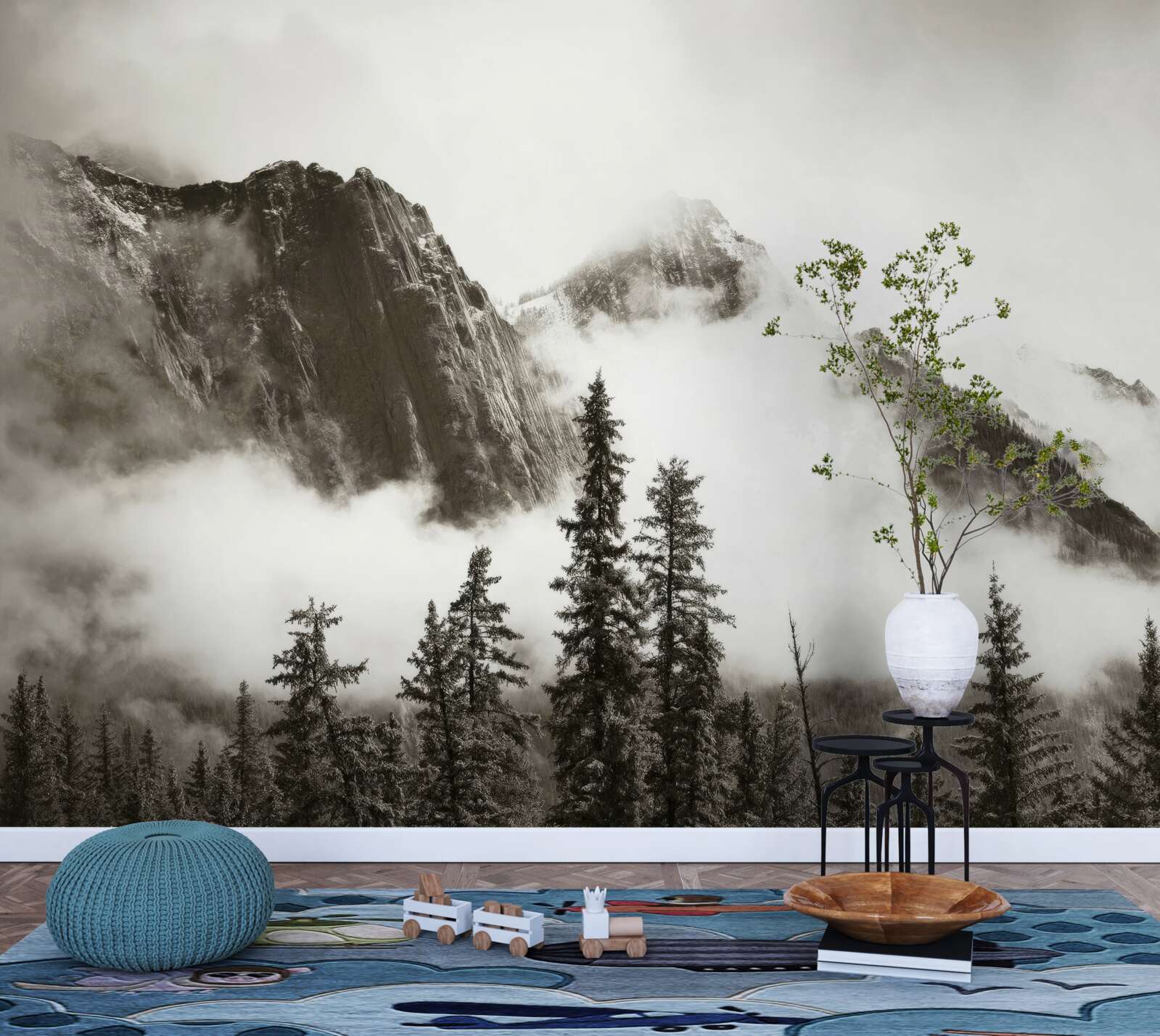 Фотошпалери чорно-білі гори, оповиті туманом