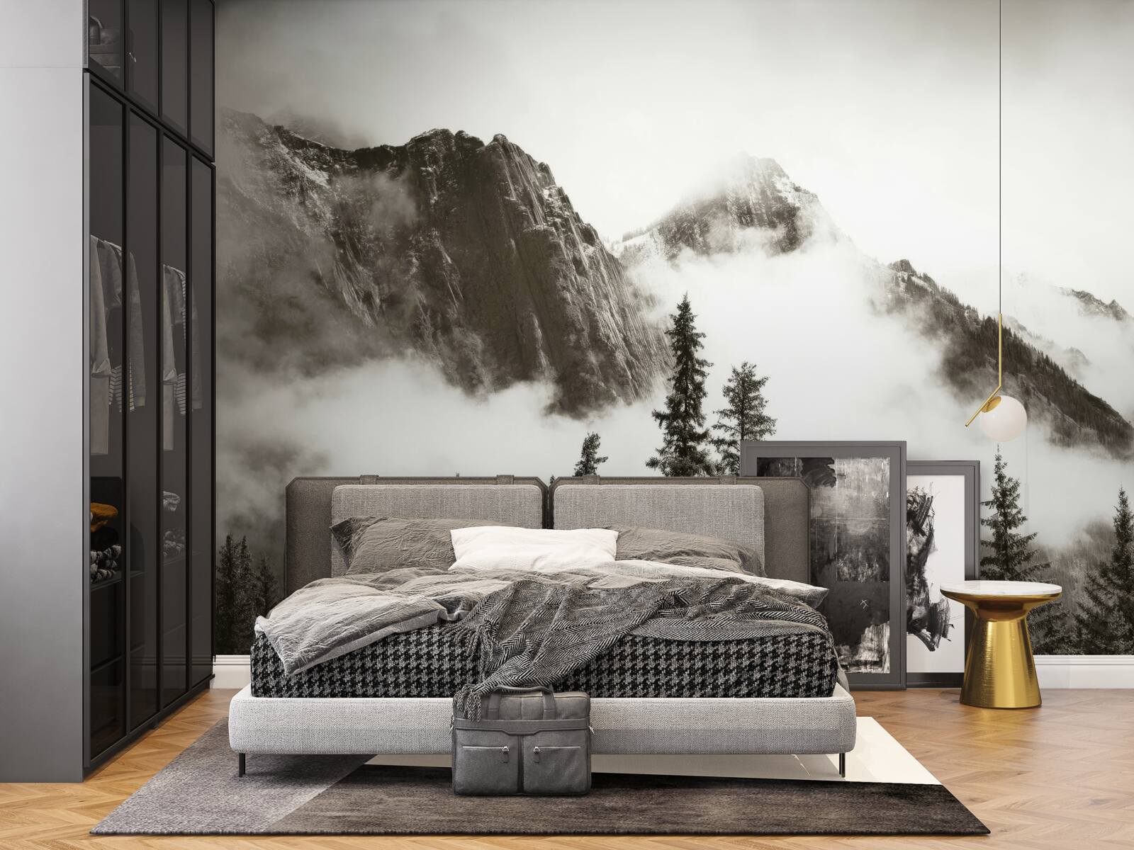 Фотошпалери чорно-білі гори, оповиті туманом