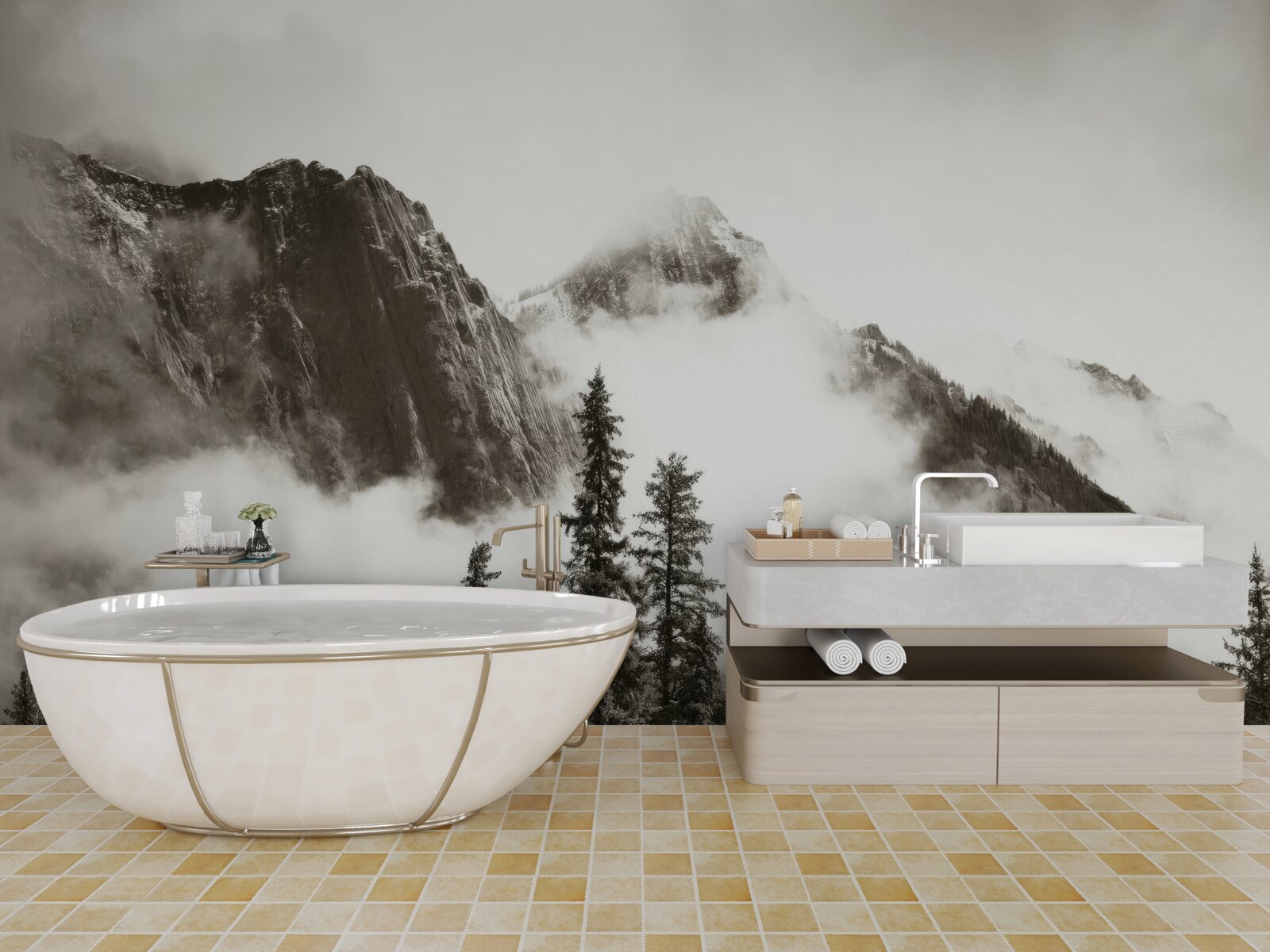 Фотошпалери чорно-білі гори, оповиті туманом