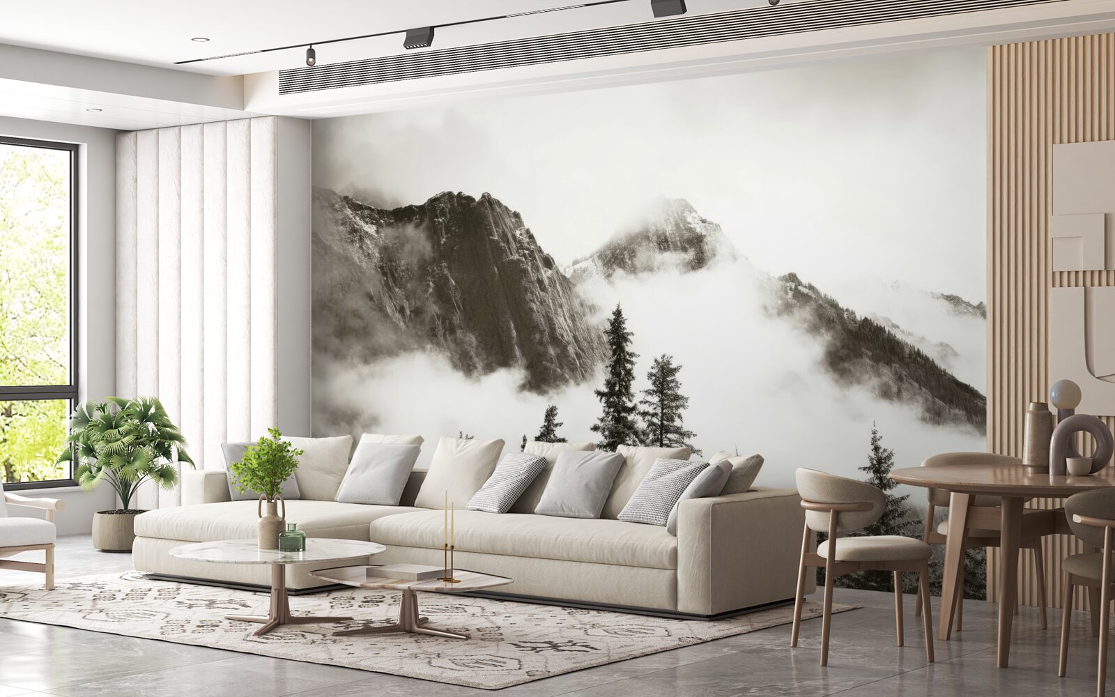 Фотошпалери чорно-білі гори, оповиті туманом