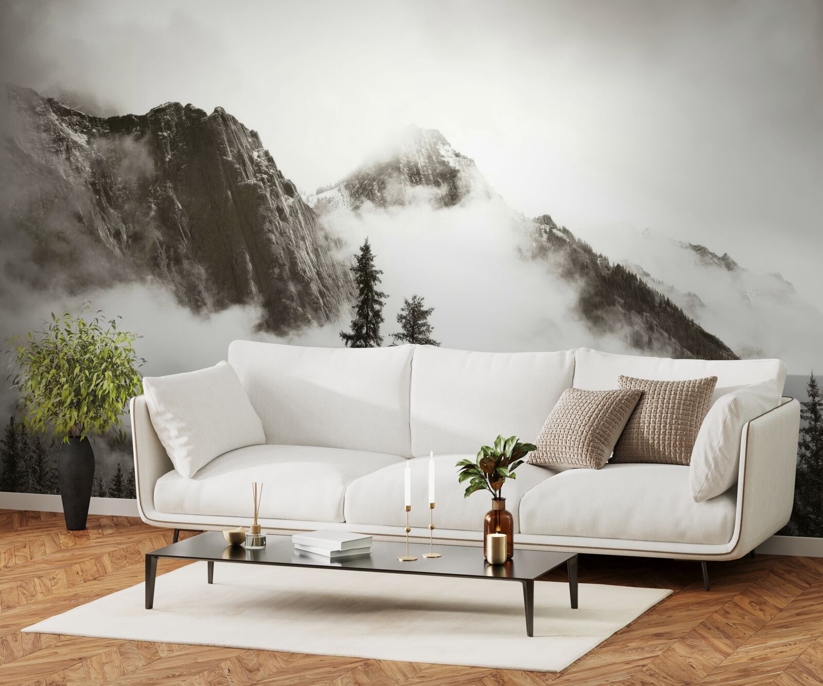 Фотошпалери чорно-білі гори, оповиті туманом