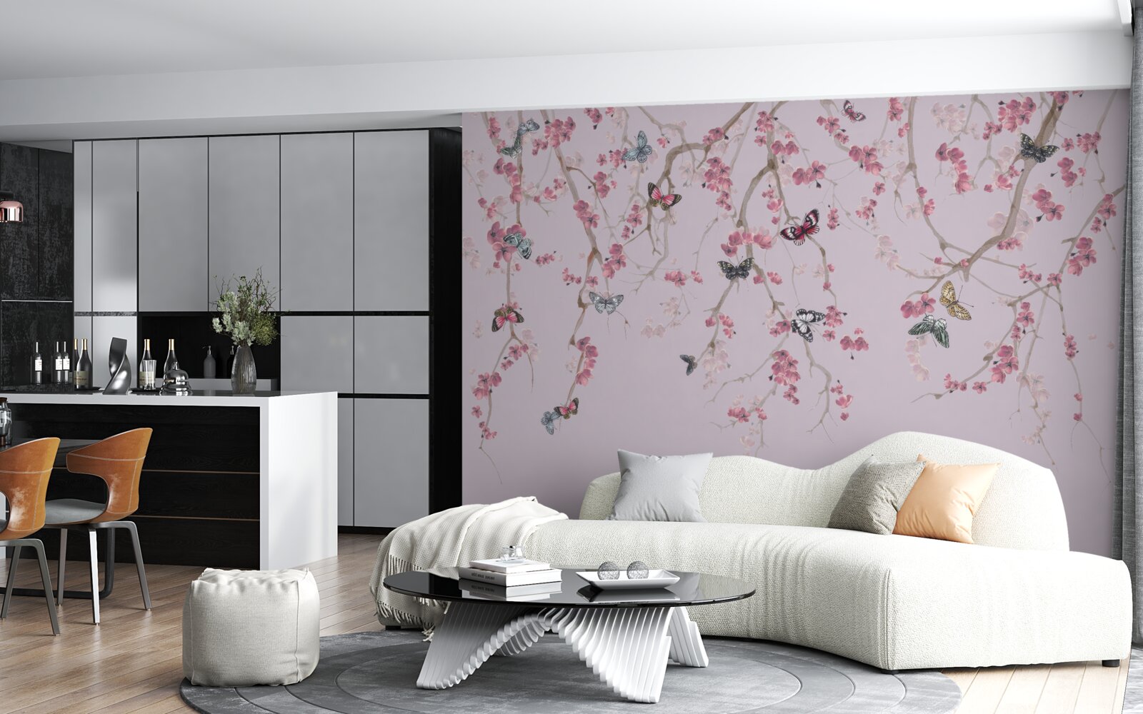Фотошпалери гілки з рожевими квітами та метеликами