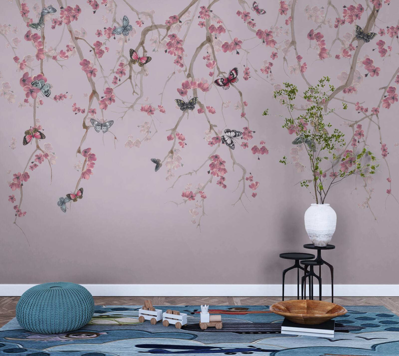 Фотошпалери гілки з рожевими квітами та метеликами