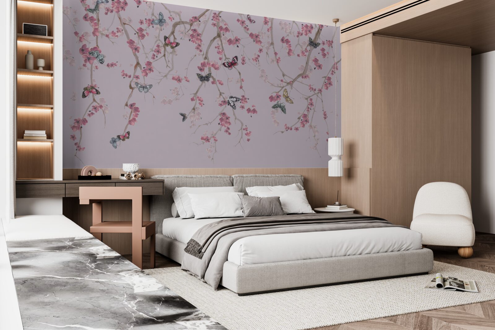 Фотошпалери гілки з рожевими квітами та метеликами