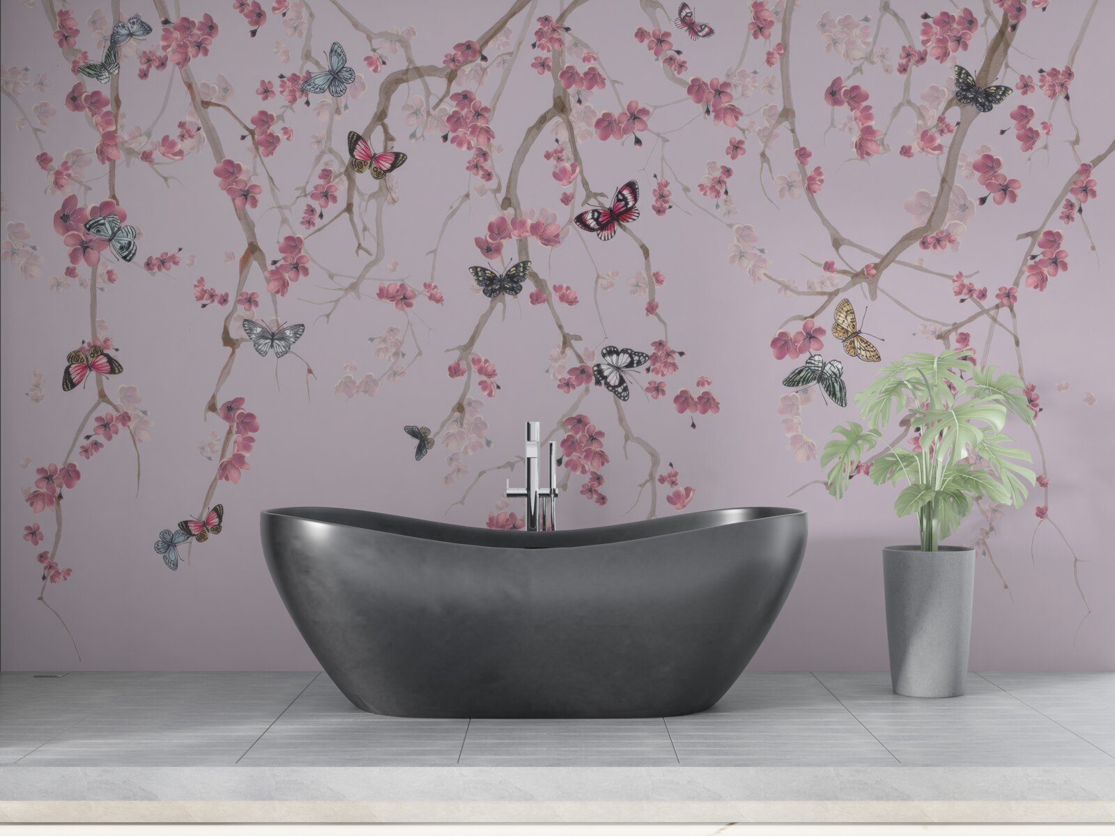 Фотошпалери гілки з рожевими квітами та метеликами