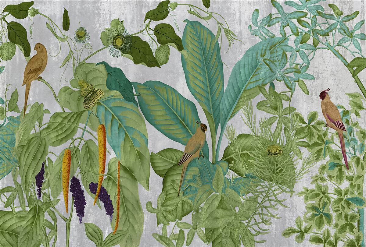 Фотошпалери серед зеленого листя - папуги