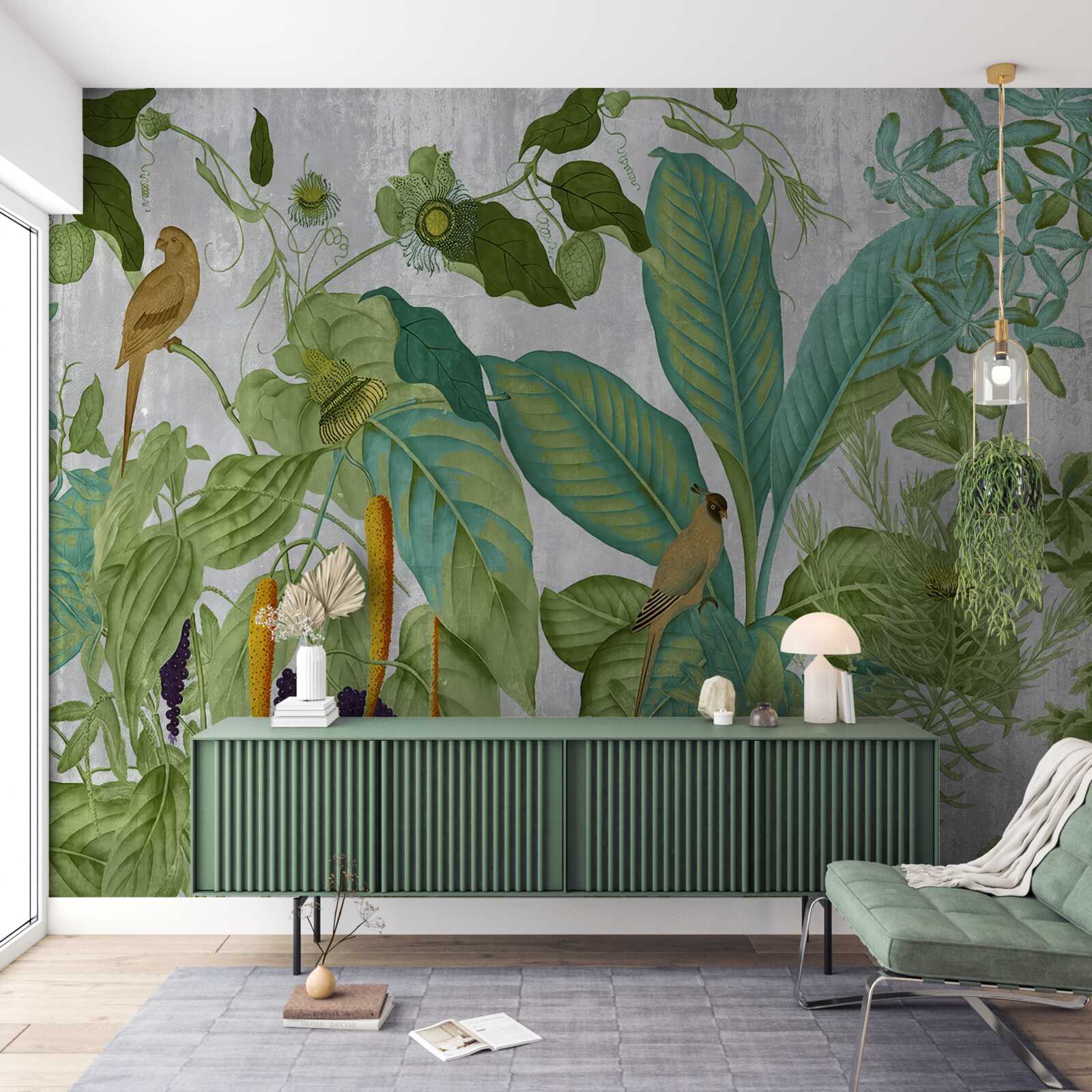 Фотошпалери серед зеленого листя - папуги