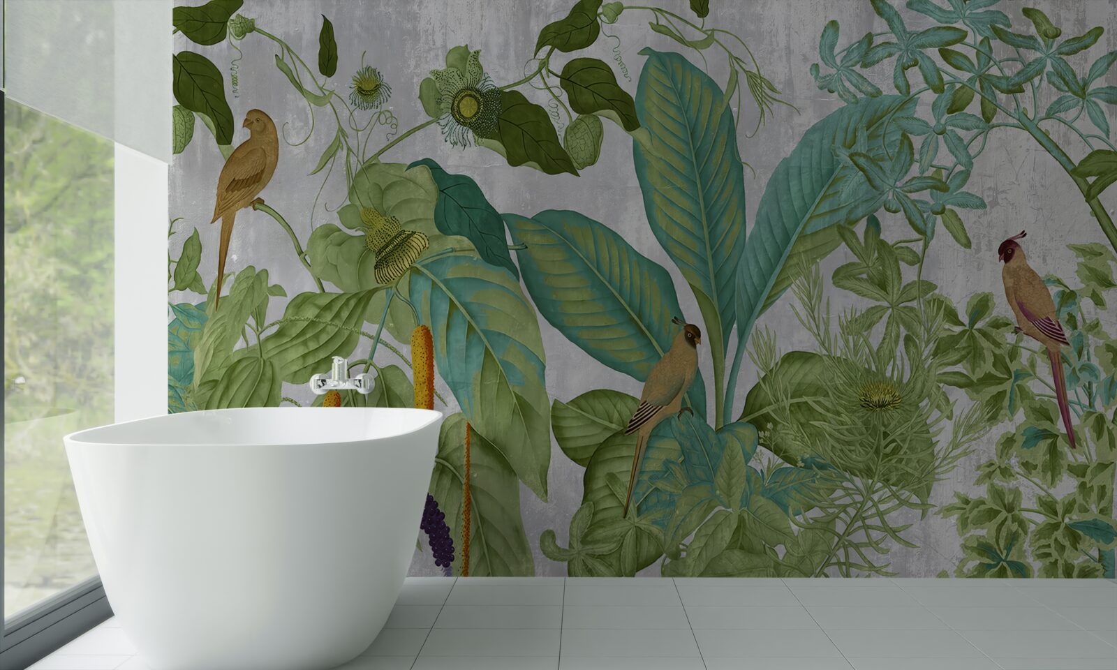 Фотошпалери серед зеленого листя - папуги