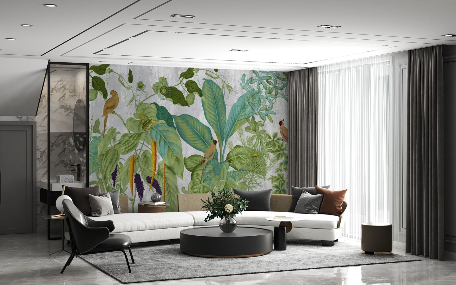 Фотошпалери серед зеленого листя - папуги