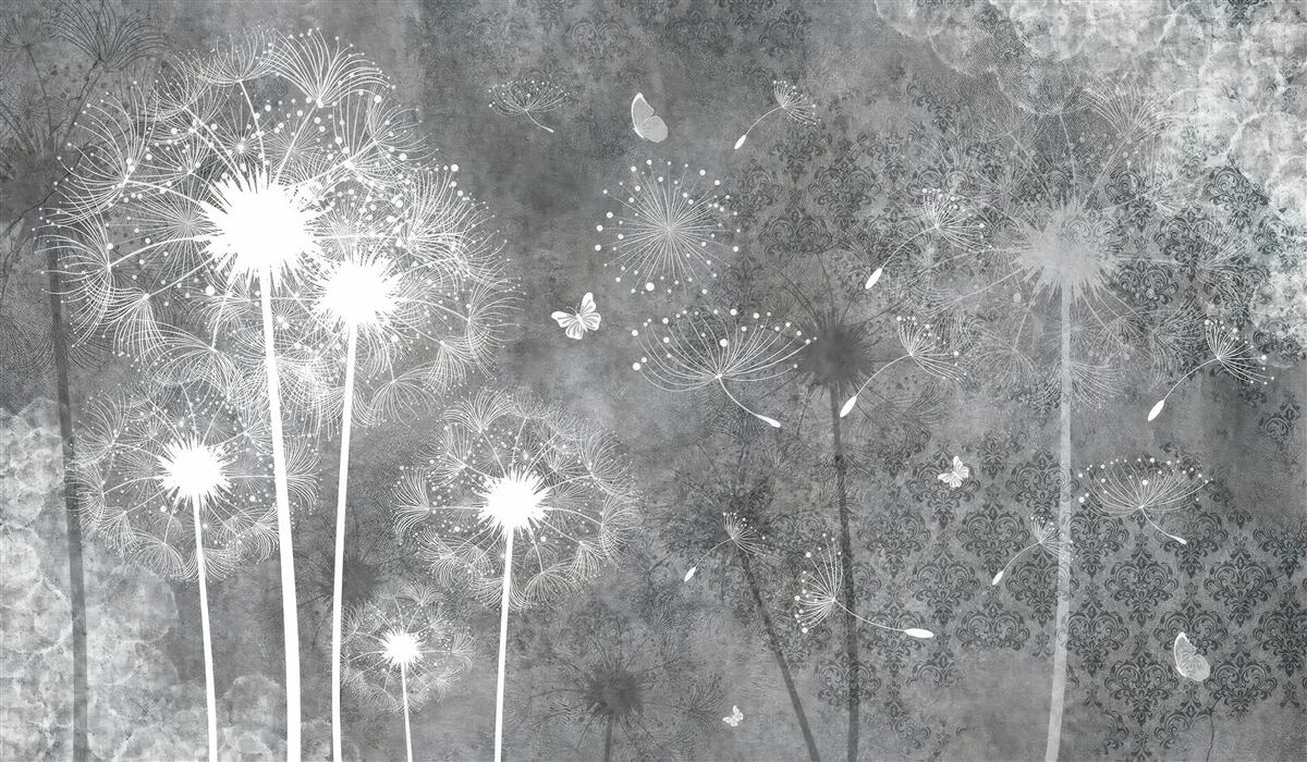 Фотошпалери білі силуети кульбаб на сірому тлі