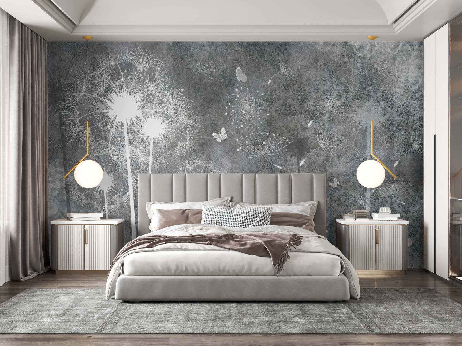 Фотошпалери білі силуети кульбаб на сірому тлі