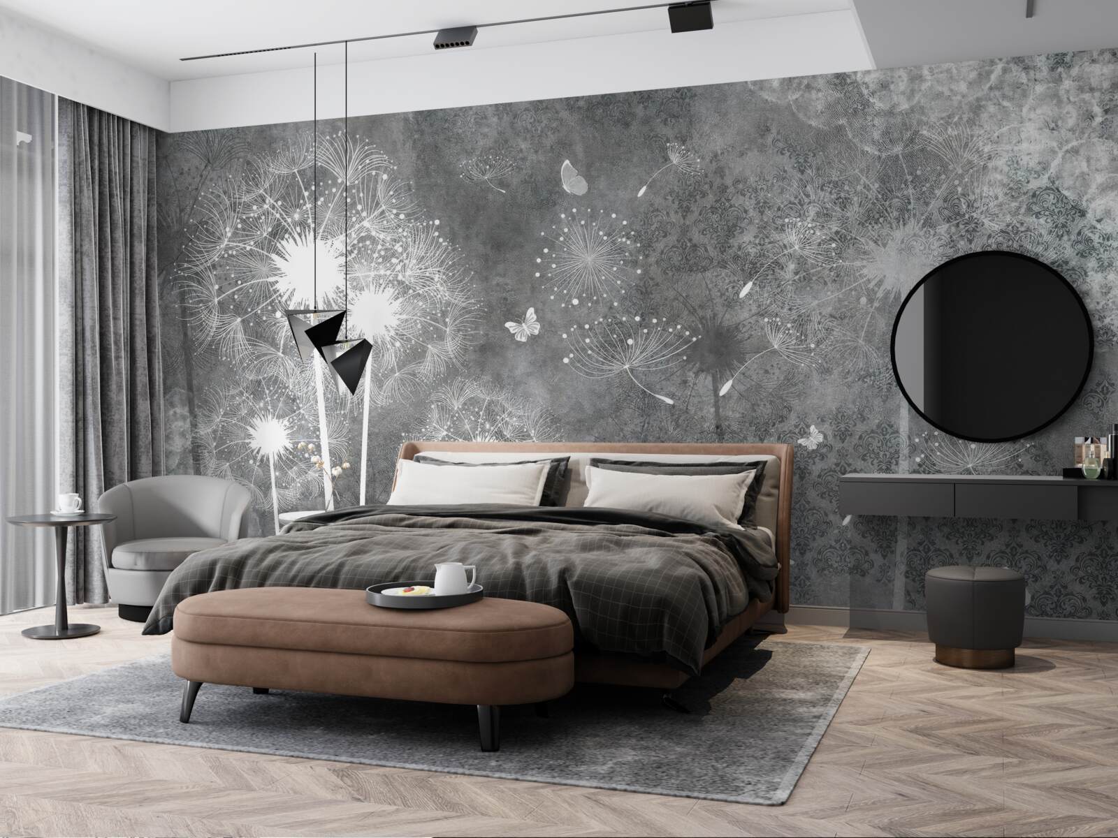 Фотошпалери білі силуети кульбаб на сірому тлі