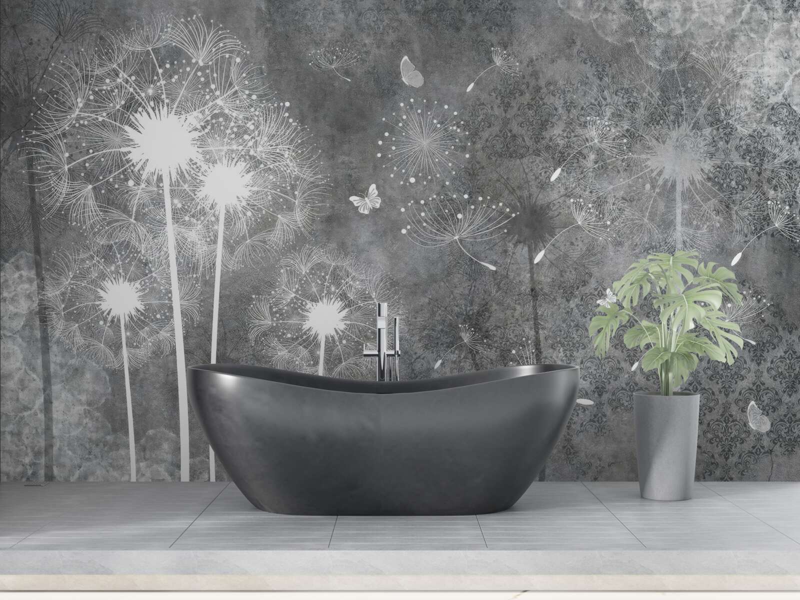 Фотошпалери білі силуети кульбаб на сірому тлі