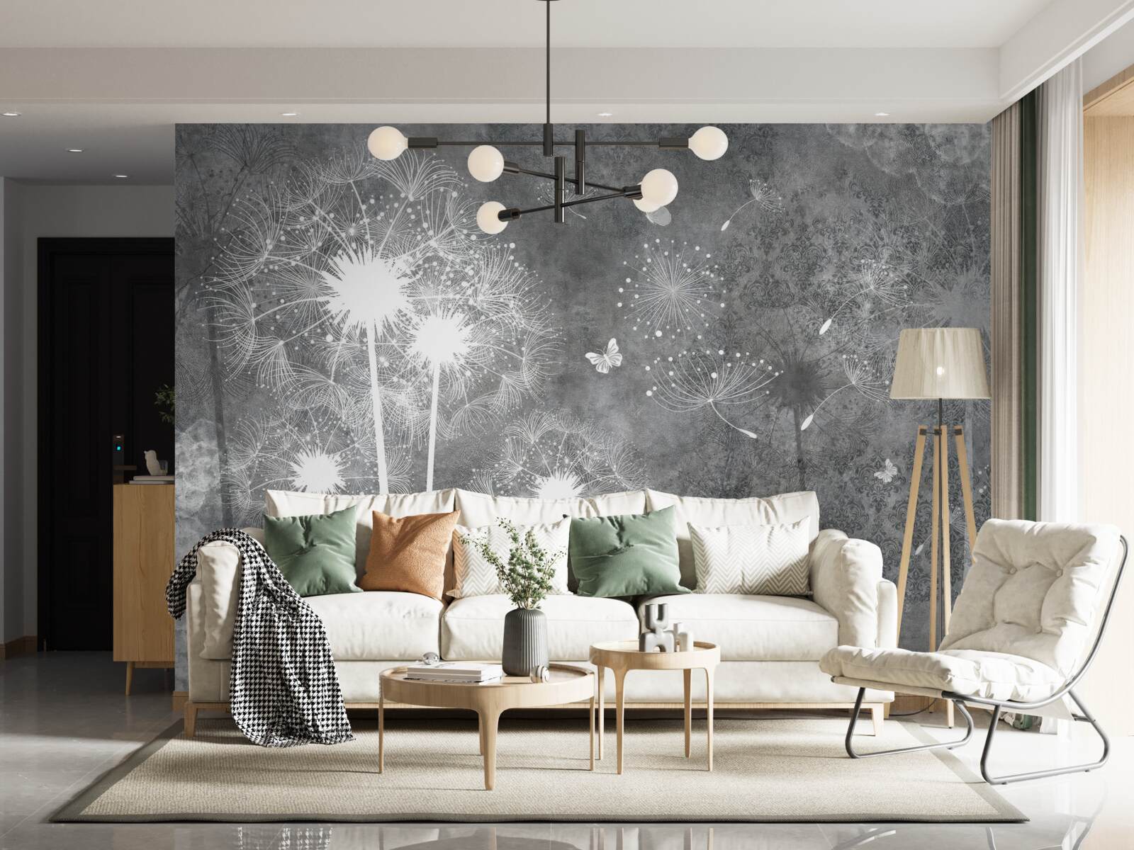 Фотошпалери білі силуети кульбаб на сірому тлі