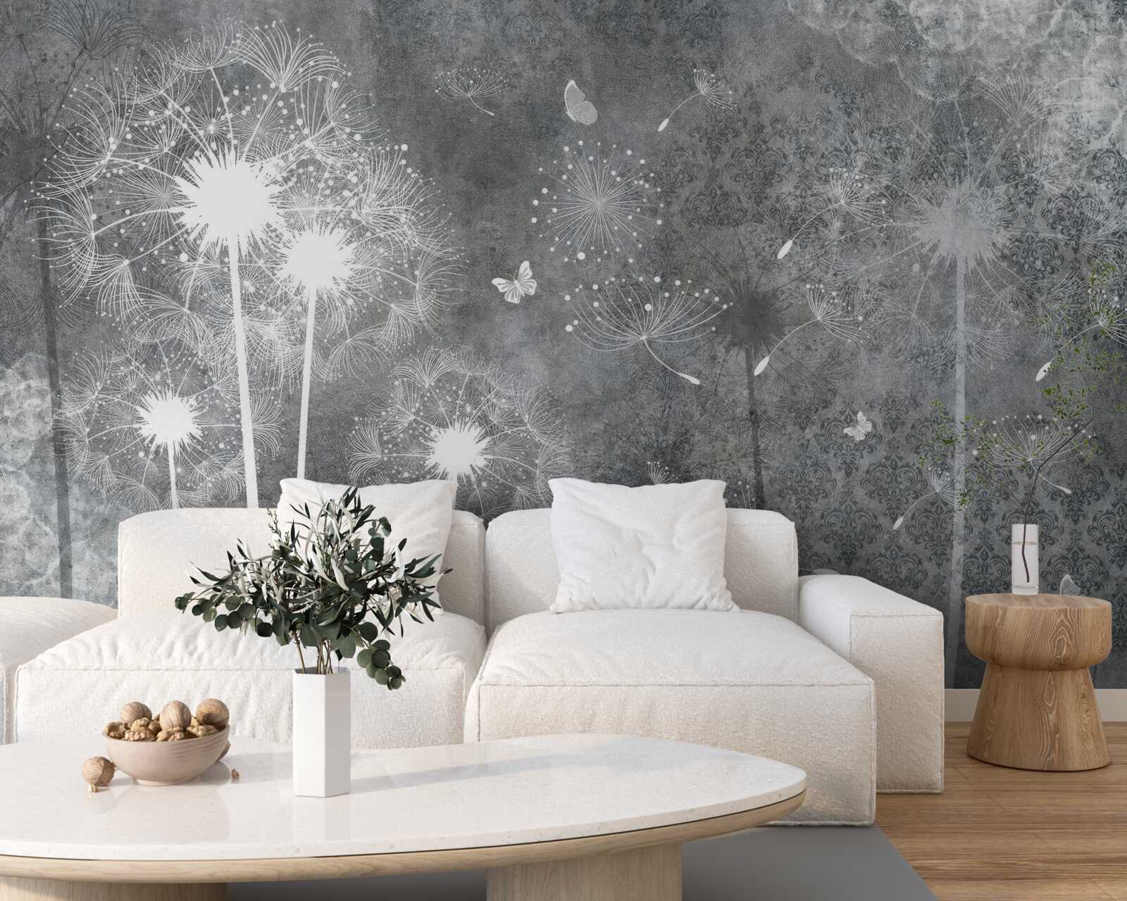 Фотошпалери білі силуети кульбаб на сірому тлі