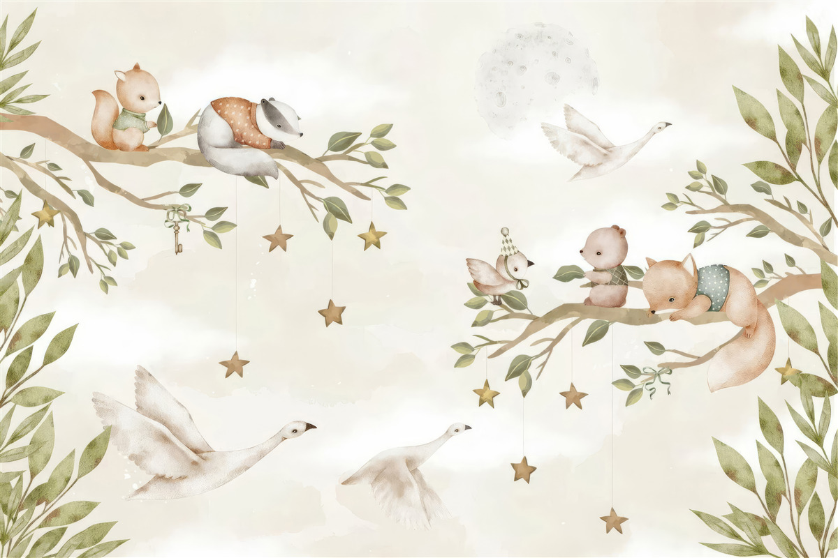 Фотошпалери на гілках дерева сиділи різні тварини