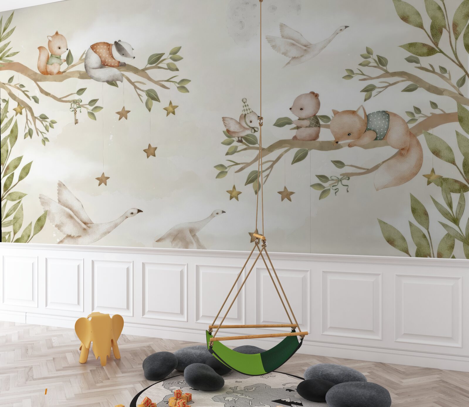 Фотошпалери на гілках дерева сиділи різні тварини