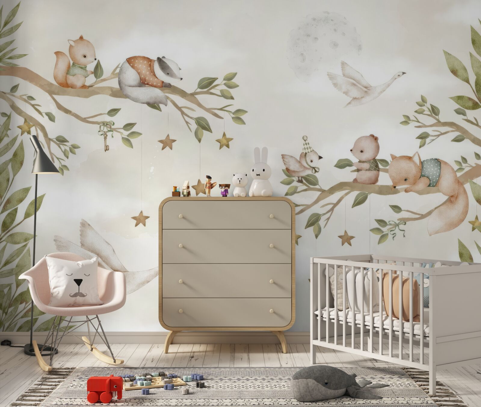 Фотошпалери на гілках дерева сиділи різні тварини