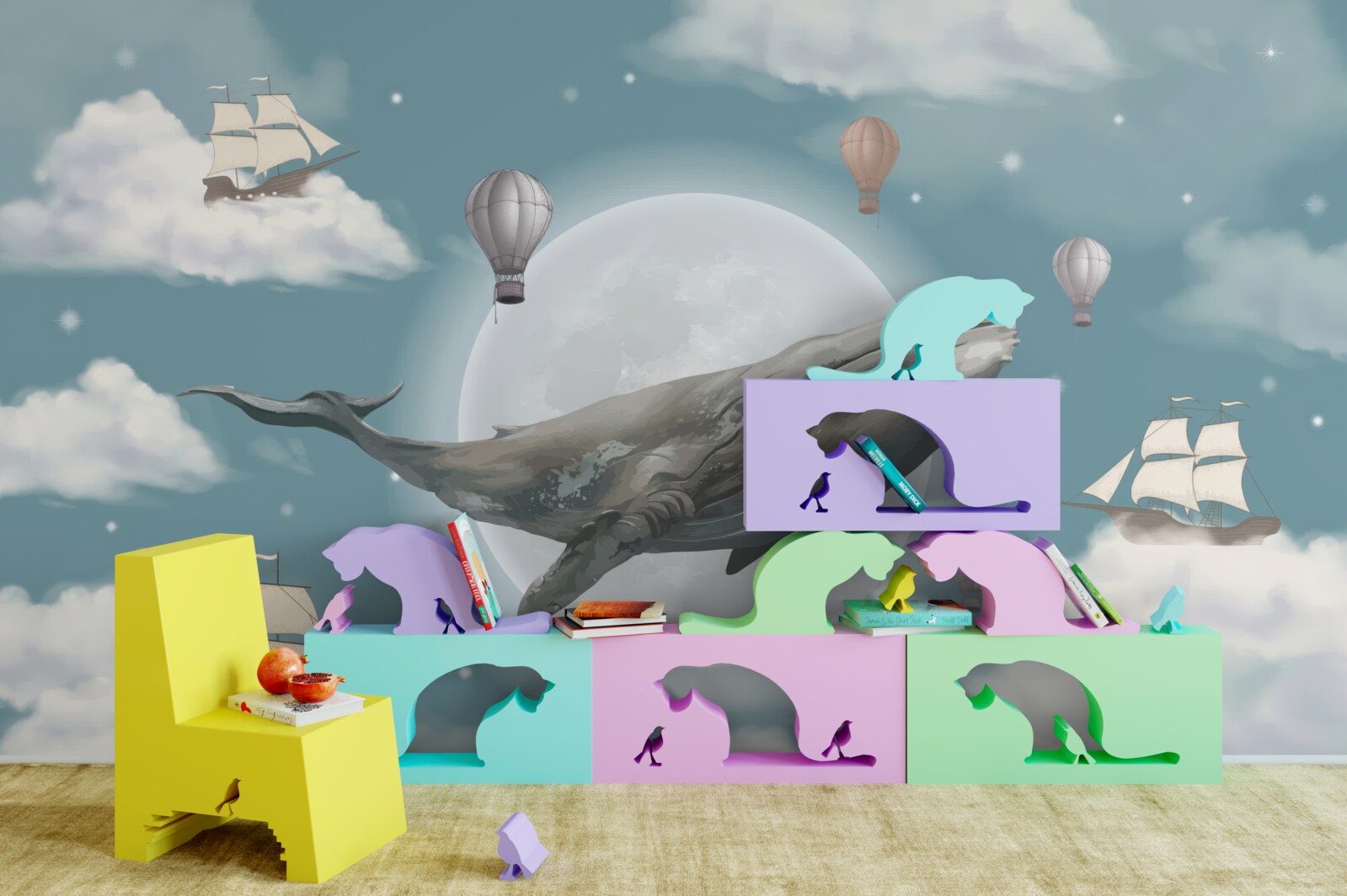 Фотошпалери гігантський кашалот на тлі повного місяця