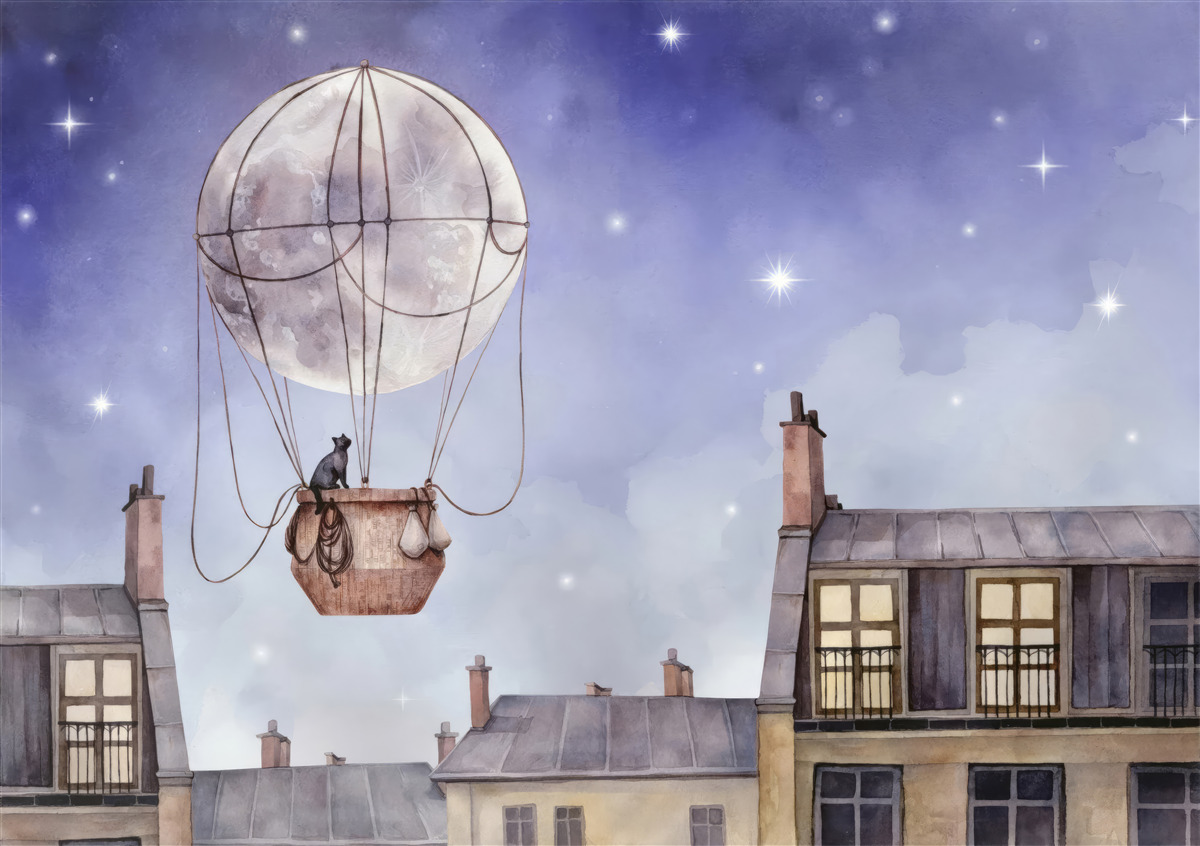 Фотошпалери кіт літає над будинками на повітряній кулі