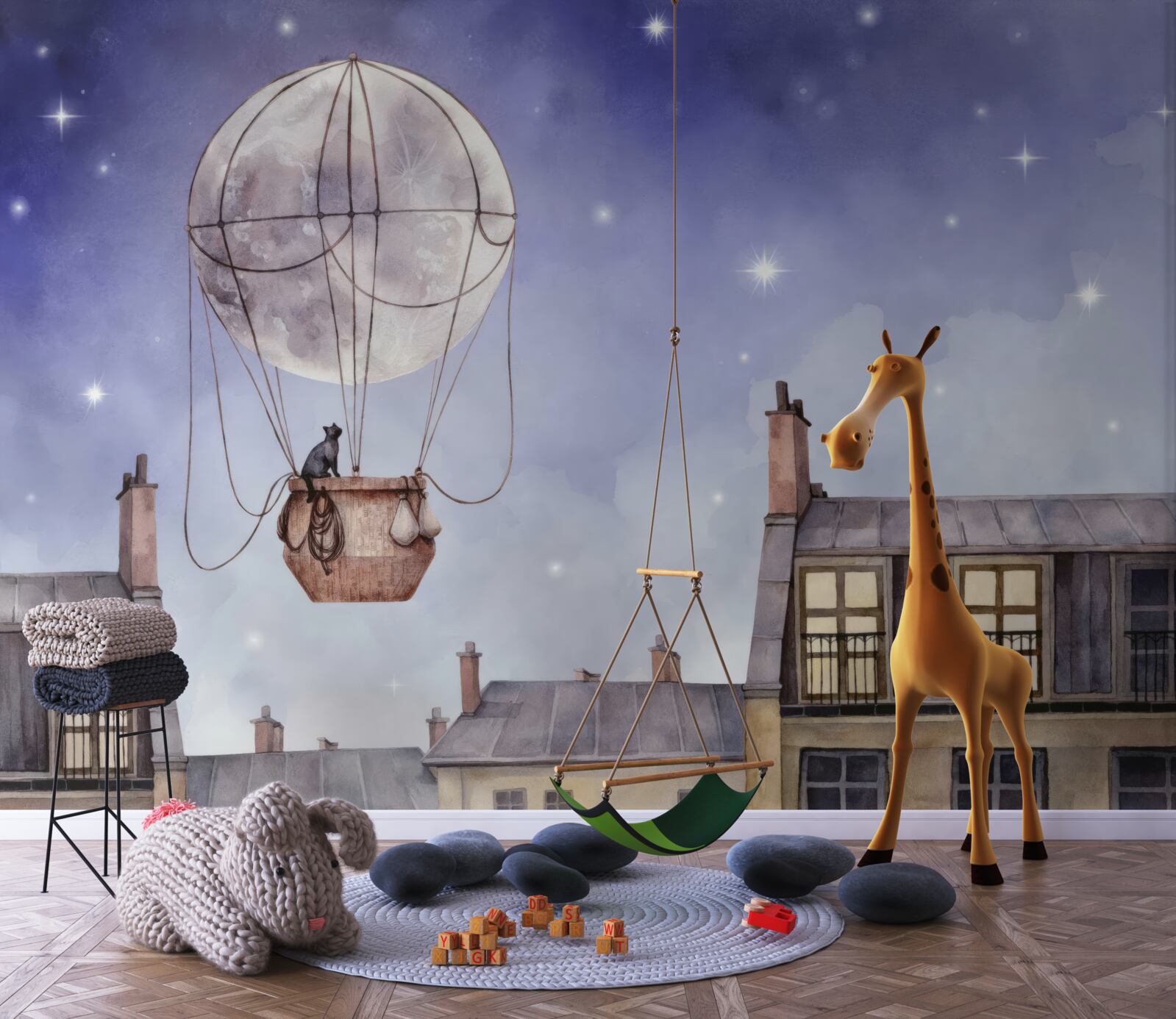 Фотошпалери кіт літає над будинками на повітряній кулі