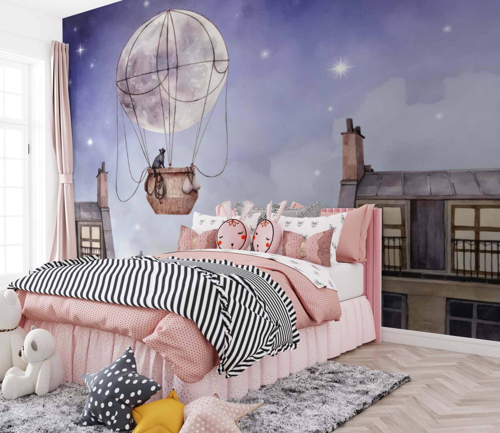 Фотошпалери кіт літає над будинками на повітряній кулі