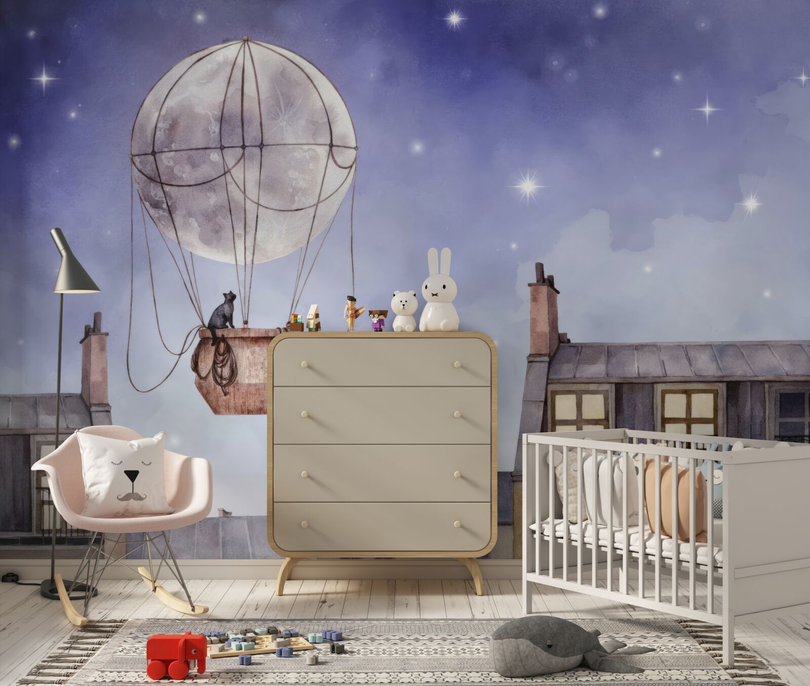 Фотошпалери кіт літає над будинками на повітряній кулі